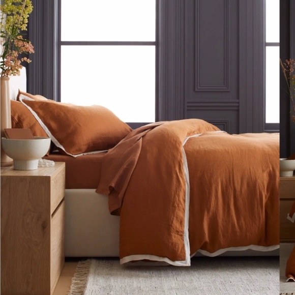 Quince European Linen Contrast Flange Queen Duvet Cover Terra Cotta and Sand - Picture 2 of 5